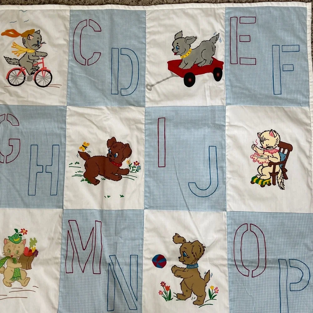 Vintage ABC Alphabet Animals‎ Baby Quilt Blue White Gingham Puppy Kitten Retro